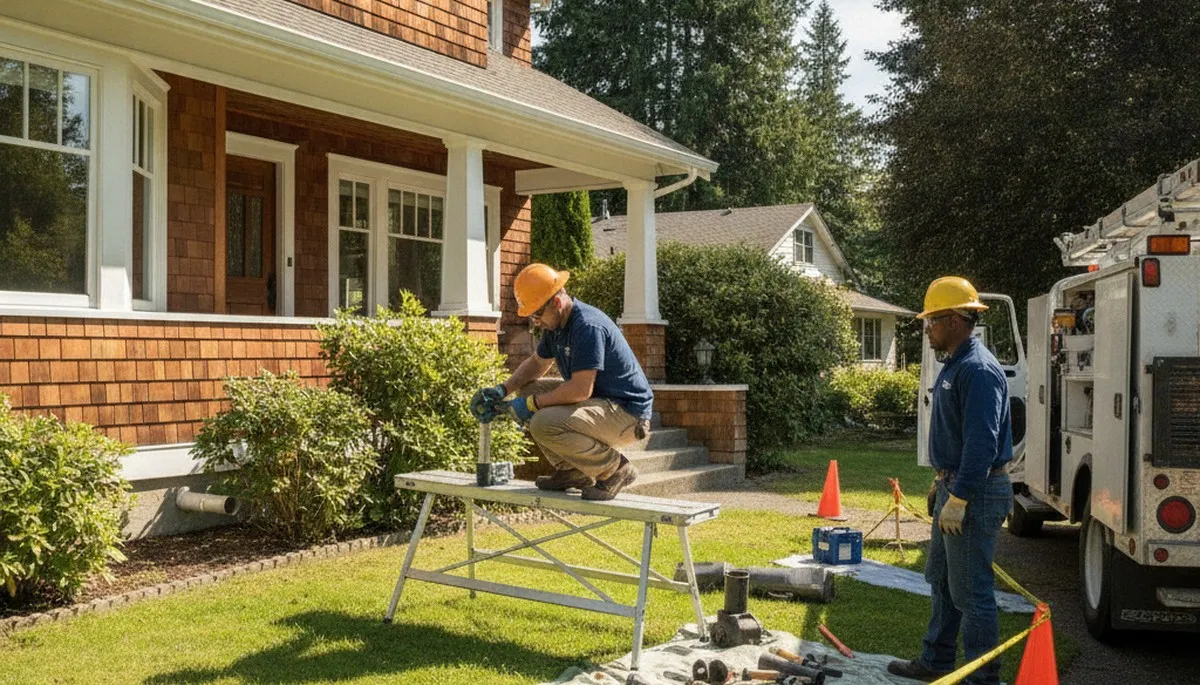 Plumber inspecting plumbing repair work in Redmond, WA for a local home service call