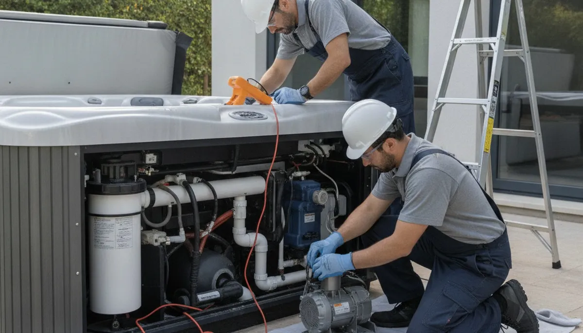 Spa repair technician in Redmond, WA servicing a home spa for reliable plumbing repairs