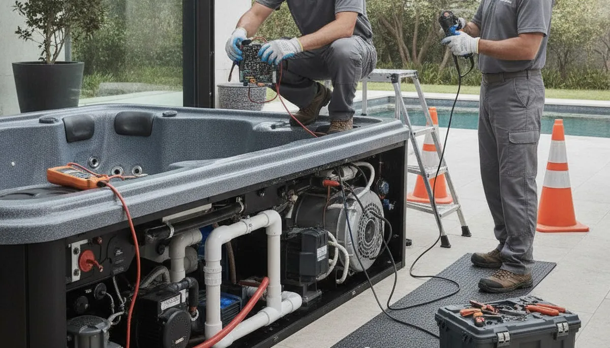 Spa repair technician servicing a home spa in Redmond, WA for reliable plumbing repair